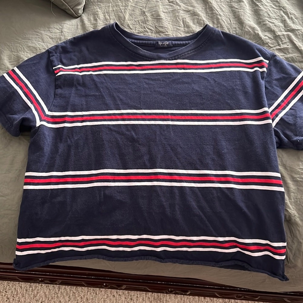 BRANDY MELVILLE - blue, red, and white striped cropped tee